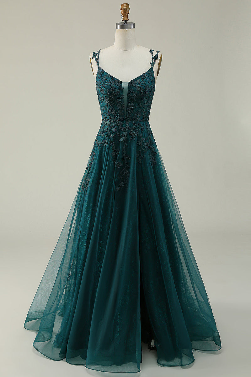 Load image into Gallery viewer, A Line Spaghetti Straps Dark Green Long Prom kjole med Appliques