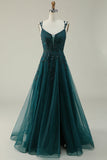A Line Spaghetti Straps Dark Green Long Prom kjole med Appliques