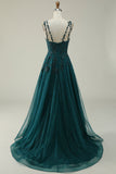 A Line Spaghetti Straps Dark Green Long Prom kjole med Appliques