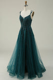 A Line Spaghetti Straps Dark Green Long Prom kjole med Appliques