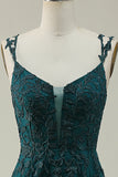 A Line Spaghetti Straps Dark Green Long Prom kjole med Appliques