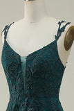 A Line Spaghetti Straps Dark Green Long Prom kjole med Appliques