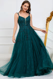 A Line Spaghetti Straps Dark Green Long Prom kjole med Appliques