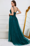 A Line Spaghetti Straps Dark Green Long Prom kjole med Appliques