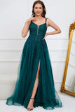 A Line Spaghetti Straps Dark Green Long Prom kjole med Appliques