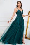 A Line Spaghetti Straps Dark Green Long Prom kjole med Appliques