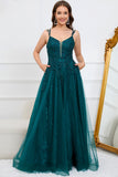 A Line Spaghetti Straps Dark Green Long Prom kjole med Appliques