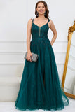 A Line Spaghetti Straps Dark Green Long Prom kjole med Appliques