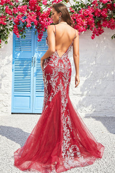 Havfrue Spaghetti stropper Burgunder Long Prom kjole med åpen rygg