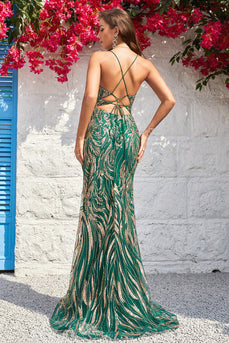 Havfrue Spaghetti stropper Mørkegrønn Long Prom kjole med bronzing