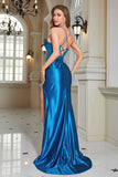 Sparkly Blue Corset Long Prom Dress med Slit