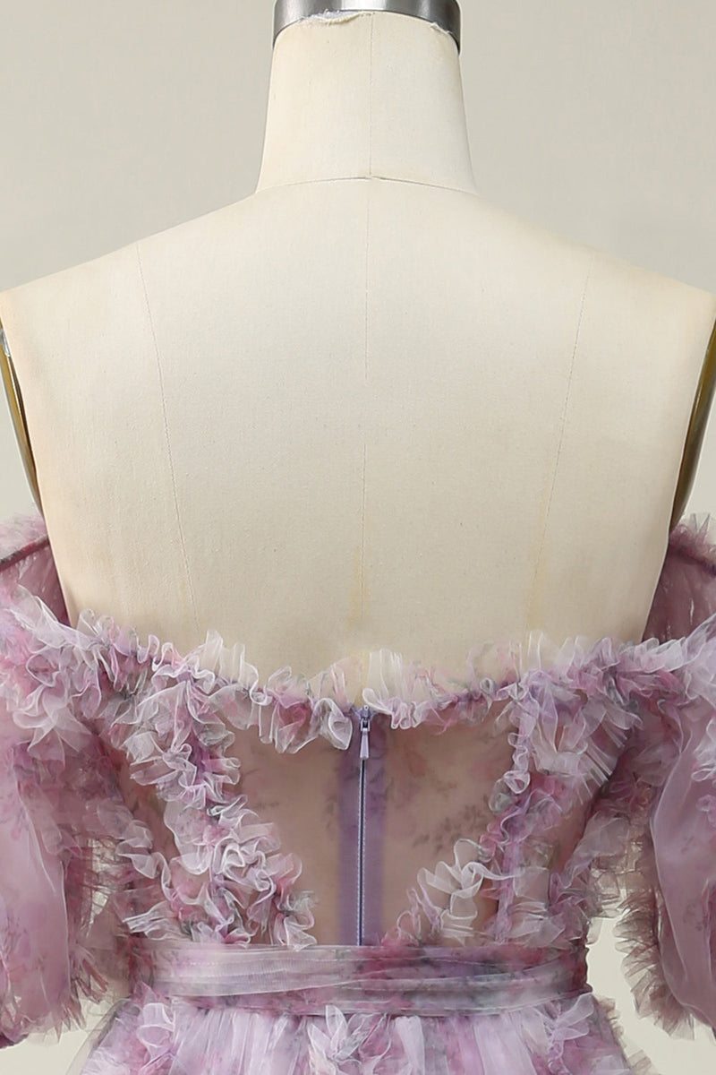 Load image into Gallery viewer, En linje av skulderen lilla lang ballkjole med trykk
