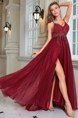 Sparkly Burgundy Beaded Long Tylle Prom Dress med Slit