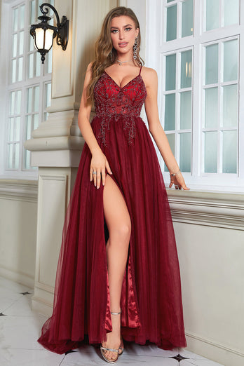 Sparkly Burgundy Beaded Long Tylle Prom Dress med Slit