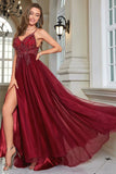 Sparkly Burgundy Beaded Long Tylle Prom Dress med Slit