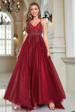 Sparkly Burgundy Beaded Long Tylle Prom Dress med Slit