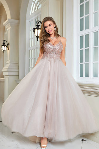 Glitter Blush A-Line Tylle Long Prom kjole med blonder