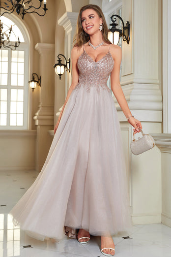 Glitter Blush A-Line Tylle Long Prom kjole med blonder