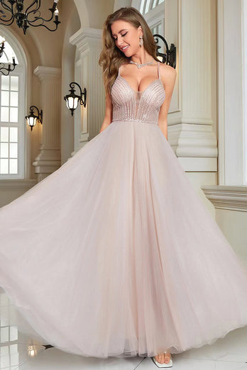 Sparkly Blush Beaded A-Line lang formell kjole