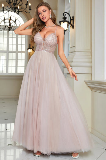 Sparkly Blush Beaded A-Line lang formell kjole