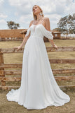 Av skulderen Ivory Boho Chiffon Ruched A Line brudekjole