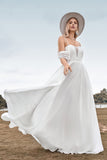 Av skulderen Ivory Boho Chiffon Ruched A Line brudekjole