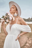 Av skulderen Ivory Boho Chiffon Ruched A Line brudekjole