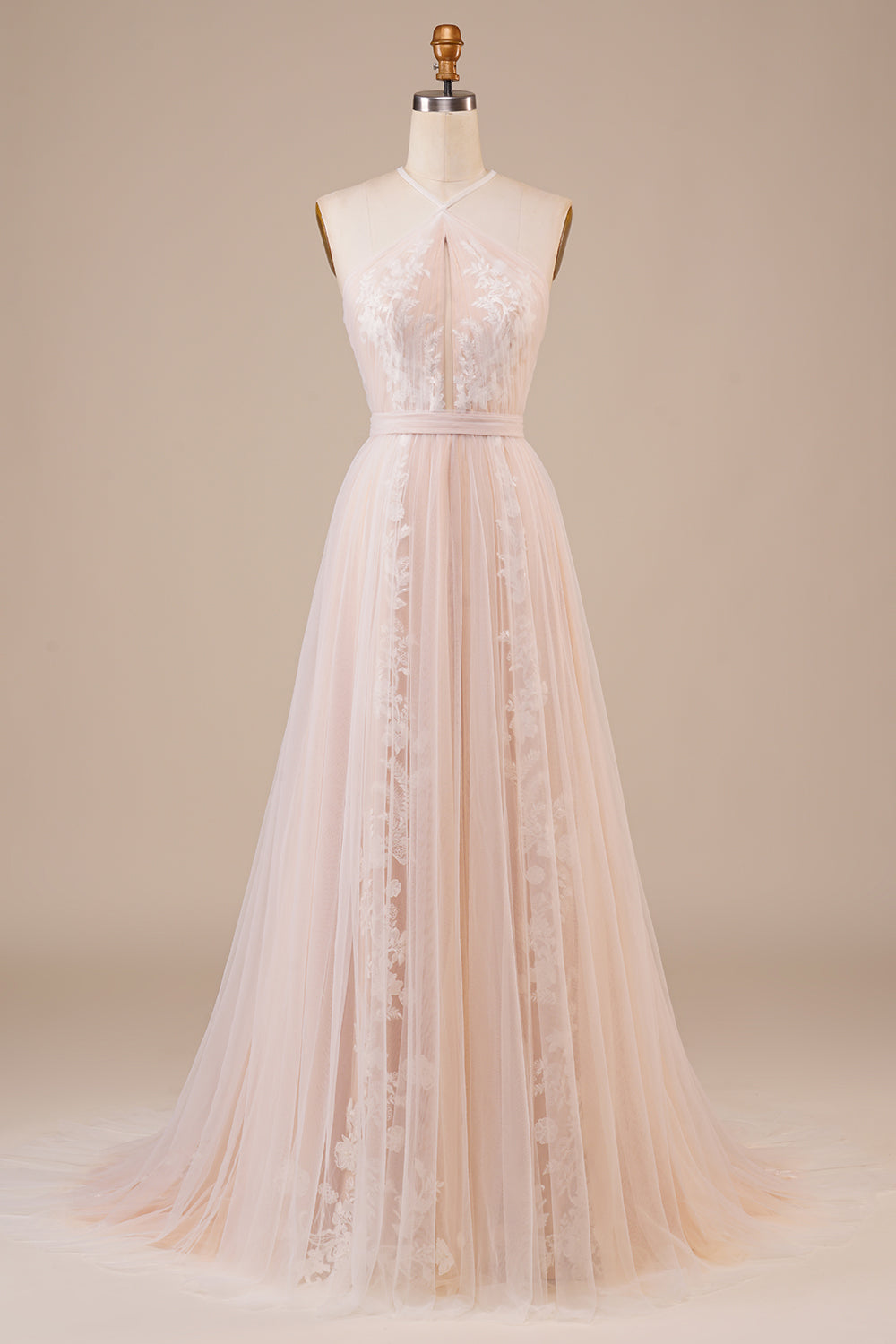 Tulle Halter Nøkkelhull Champagne brudekjole med applikasjoner